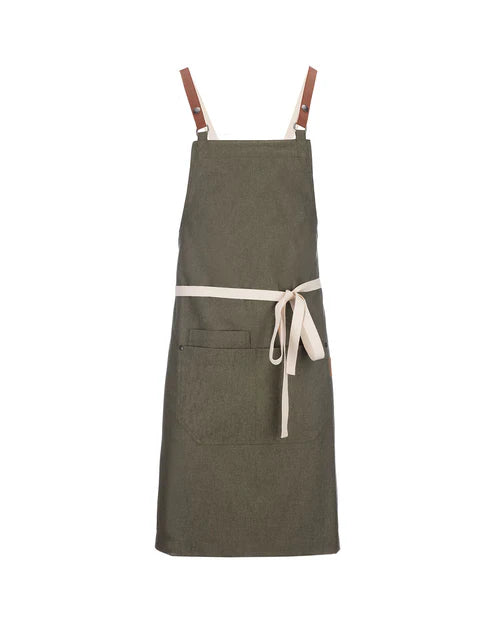 Avental Cruzado Melbourne em ganga-Green Denim-Pele Camel/Natural-Único-RAG-Tailors-Fardas-e-Uniformes-Vestuario-Pro