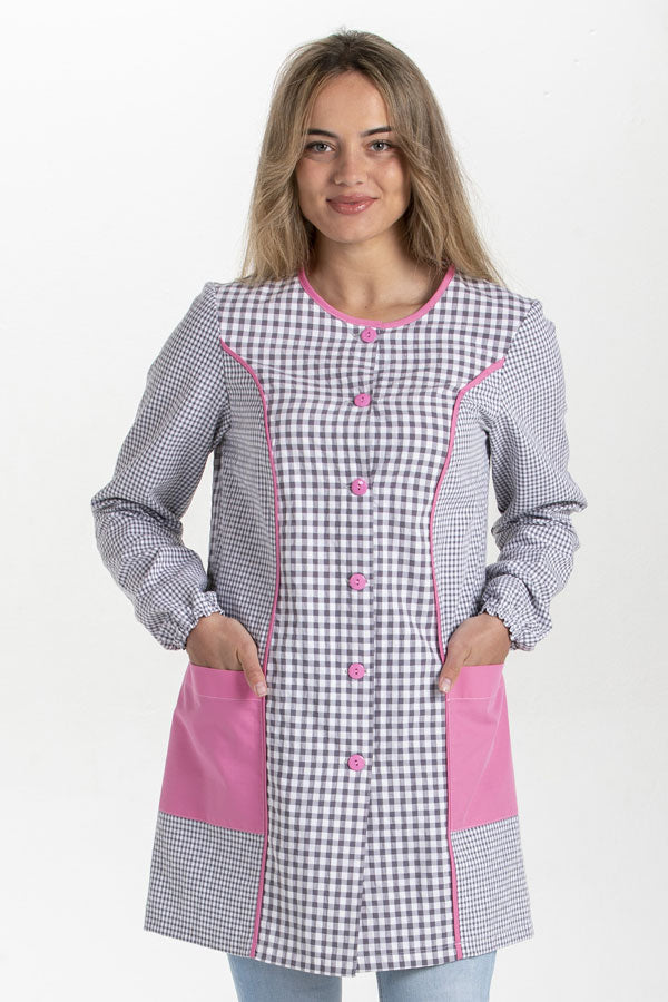 Bata Educadora Quadrados Simples-Quadrados Cinza e Rosa-XS / (SP)-RAG-Tailors-Fardas-e-Uniformes-Vestuario-Pro
