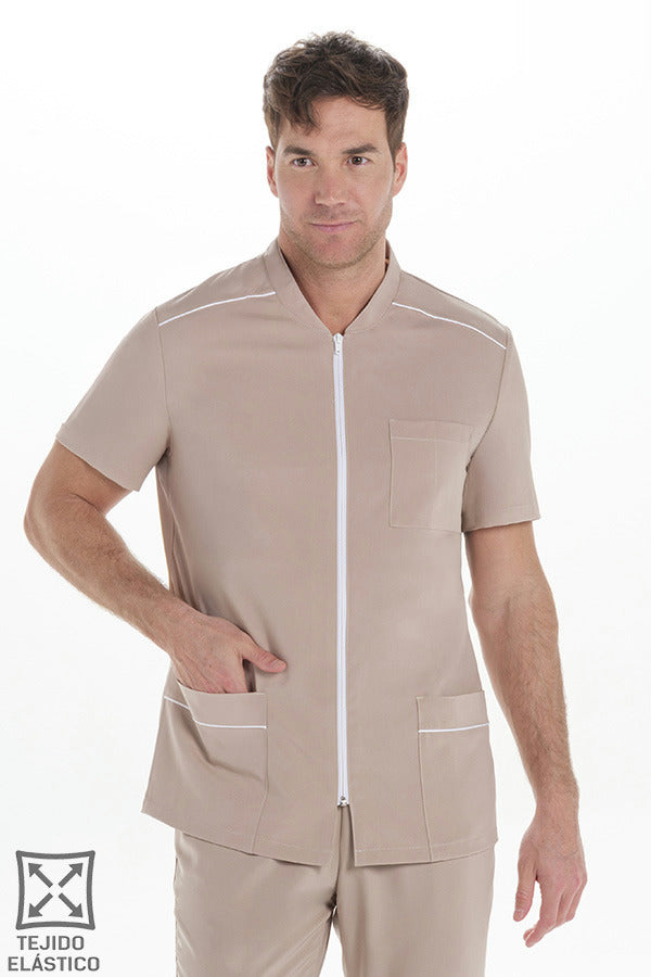 Bata de Homem em Microfibra Elástica de Manga Curta-Bege - 785-XS / (SP)-RAG-Tailors-Fardas-e-Uniformes-Vestuario-Pro