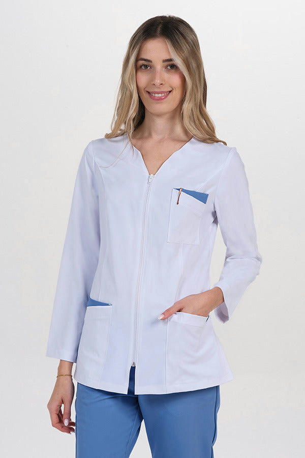 Bata de Mulher em Poliéster Elástico com Manga Comprida-Azul - 574-XS / (SP)-RAG-Tailors-Fardas-e-Uniformes-Vestuario-Pro