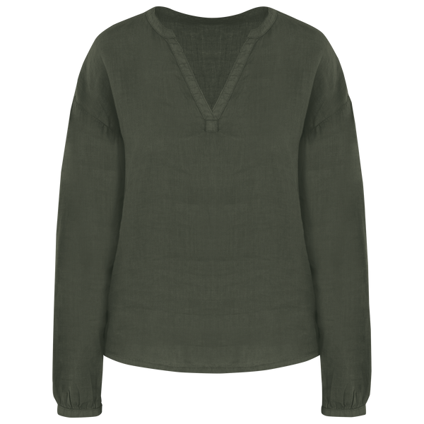 Blusa Eco-Responsável de Linho para Senhora-Organic Khaki-XS-RAG-Tailors-Fardas-e-Uniformes-Vestuario-Pro