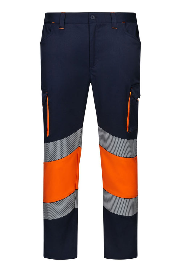 Calças stretch bicolor faixas refletoras segmentadas-Azul Navy/laranja Fluorescente - 61/19-S-RAG-Tailors-Fardas-e-Uniformes-Vestuario-Pro