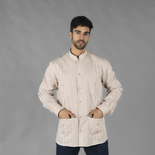 Camisa Masculina Meio-Linho Alessa-Beje-S-RAG-Tailors-Fardas-e-Uniformes-Vestuario-Pro