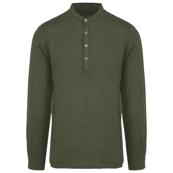 Camisa de linho com design eco e gola padre-Khaki Orgânico Lavado-S-RAG-Tailors-Fardas-e-Uniformes-Vestuario-Pro