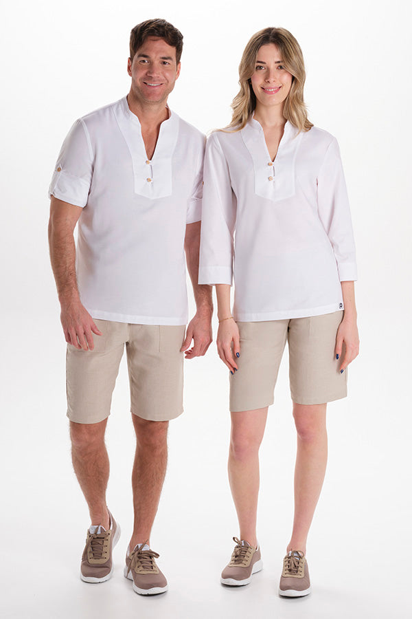 Camisa unissexo estilo ibicenco com botões de madeira-RAG-Tailors-Fardas-e-Uniformes-Vestuario-Pro