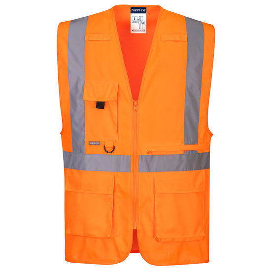 Colete executivo Hi-Vis com bolso para tablet.-Laranja-S-RAG-Tailors-Fardas-e-Uniformes-Vestuario-Pro