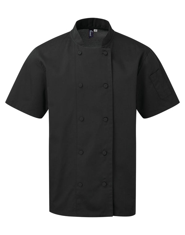 Jaleca de chef Coolchecker® de manga curta-Black-XS-RAG-Tailors-Fardas-e-Uniformes-Vestuario-Pro