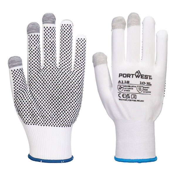 Luva para ecrãs tácteis com pontos em PVC Grip 13 (Pk12)-Branco/Cinza-XS-RAG-Tailors-Fardas-e-Uniformes-Vestuario-Pro