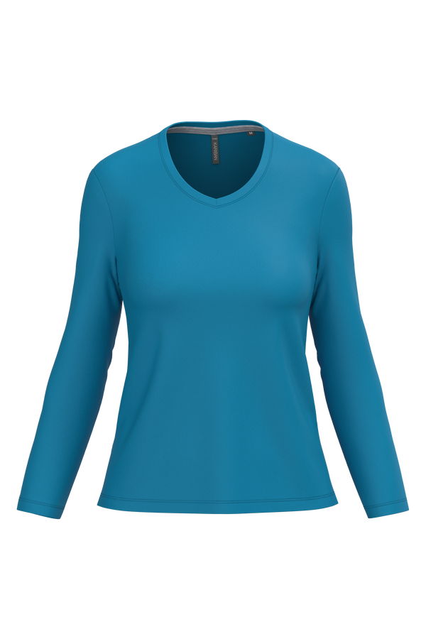 T-shirt de manga comprida decote em V para senhora-Azul Tropical-L-RAG-Tailors-Fardas-e-Uniformes-Vestuario-Pro