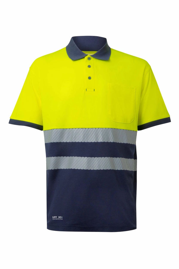 Polo de Algodão Bicolor Manga Curta com Faixas Segmentadas de Alta Visibilidade-Azul Navy/amarelo Fluorescente - 61/20-S-RAG-Tailors-Fardas-e-Uniformes-Vestuario-Pro