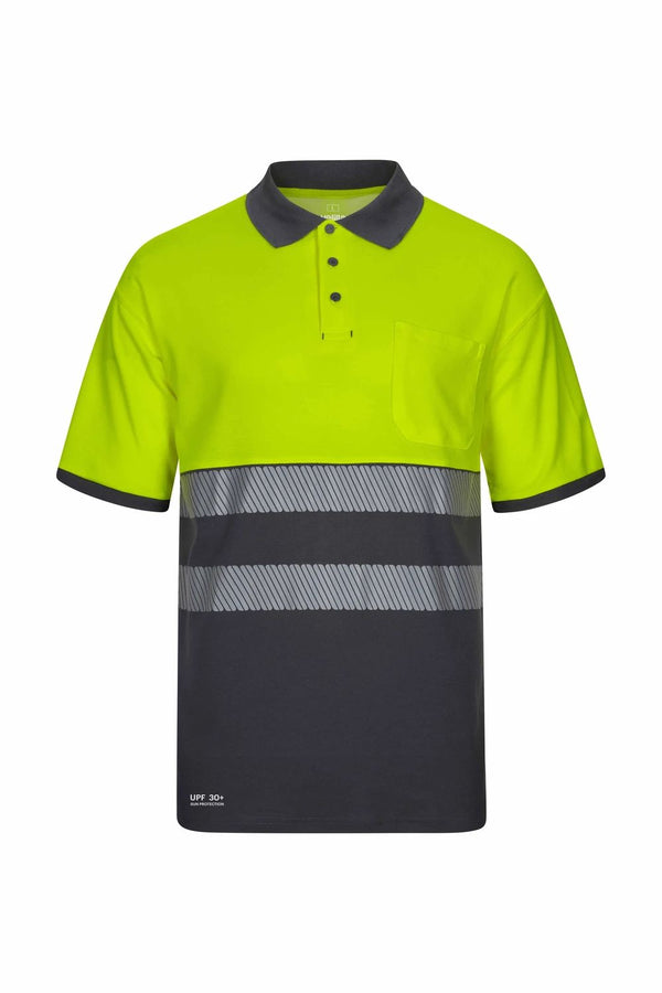 Polo de Algodão Bicolor Manga Curta com Faixas Segmentadas de Alta Visibilidade-Cinza/amarelo Fluorescente - 08/20-S-RAG-Tailors-Fardas-e-Uniformes-Vestuario-Pro