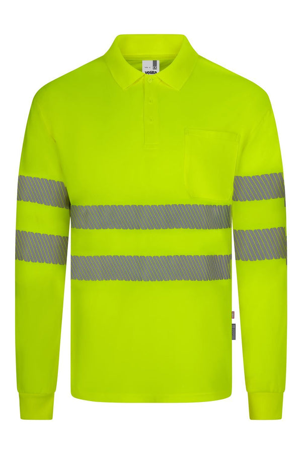 Polo de Alta Visibilidade em Poliéster Reciclado de Manga Comprida com Fitas Refletoras Segmentadas-Amarelo Fluorescente - 20-XS-RAG-Tailors-Fardas-e-Uniformes-Vestuario-Pro