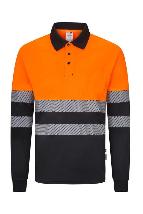 Polo de Trabalho em Poliéster Reciclado Bicolor de Manga Comprida com Fitas Refletoras Segmentadas-Preto/laranja Fluorescente - 00/19-XS-RAG-Tailors-Fardas-e-Uniformes-Vestuario-Pro
