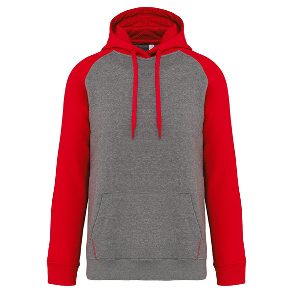 Sweatshirt com capuz bicolor de adulto-Grey Heather / Sporty Red-XS-RAG-Tailors-Fardas-e-Uniformes-Vestuario-Pro