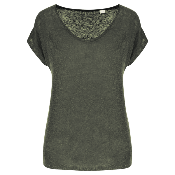 T-Shirt Senhora decote em V Linho Boston-Organick Khaki-XS-RAG-Tailors-Fardas-e-Uniformes-Vestuario-Pro