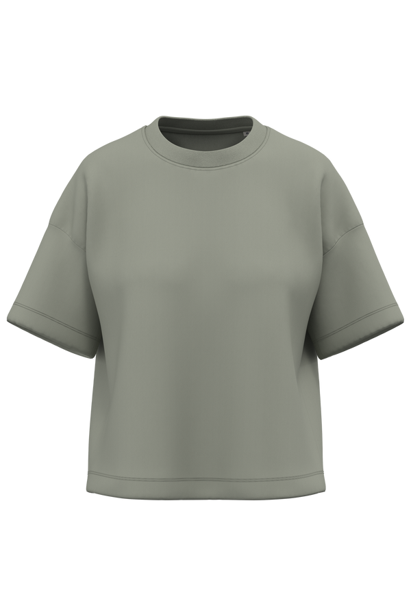 T-shirt Eco-responsável Boxy com Ombros Descaídos de Senhora-Verde Amêndoa-XS-RAG-Tailors-Fardas-e-Uniformes-Vestuario-Pro