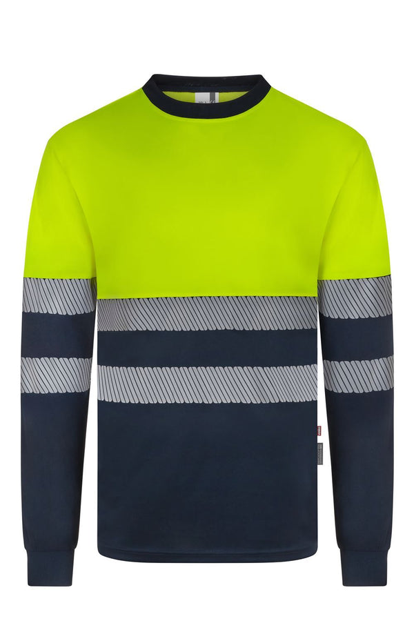T-shirt bicolor de alta visibilidade em poliéster reciclado de manga comprida com faixas refletoras segmentadas-Azul Navy/amarelo Fluorescente - 61/20-XS-RAG-Tailors-Fardas-e-Uniformes-Vestuario-Pro