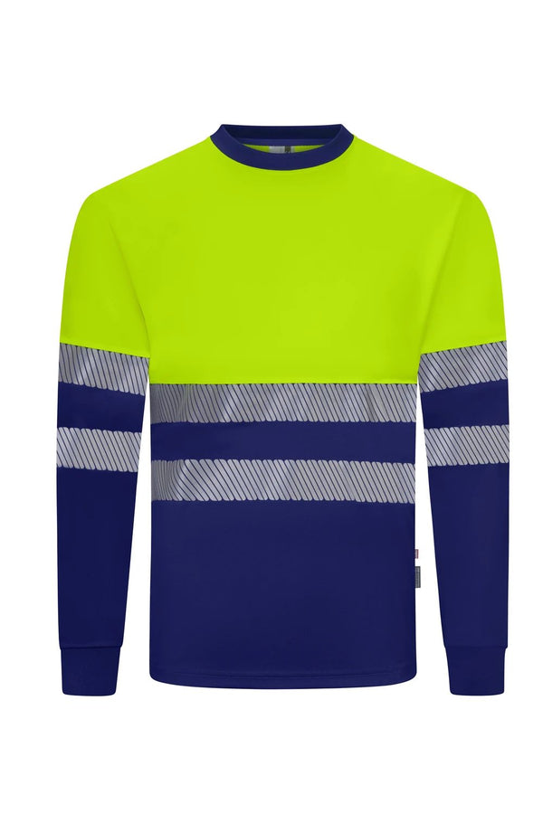 T-shirt bicolor de alta visibilidade em poliéster reciclado de manga comprida com faixas refletoras segmentadas-Azul Royal/amarelo Fluorescente - 09/20-XS-RAG-Tailors-Fardas-e-Uniformes-Vestuario-Pro