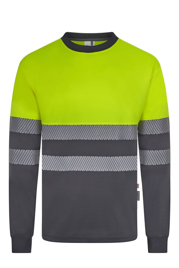 T-shirt bicolor de alta visibilidade em poliéster reciclado de manga comprida com faixas refletoras segmentadas-Cinza/amarelo Fluorescente - 08/20-XS-RAG-Tailors-Fardas-e-Uniformes-Vestuario-Pro