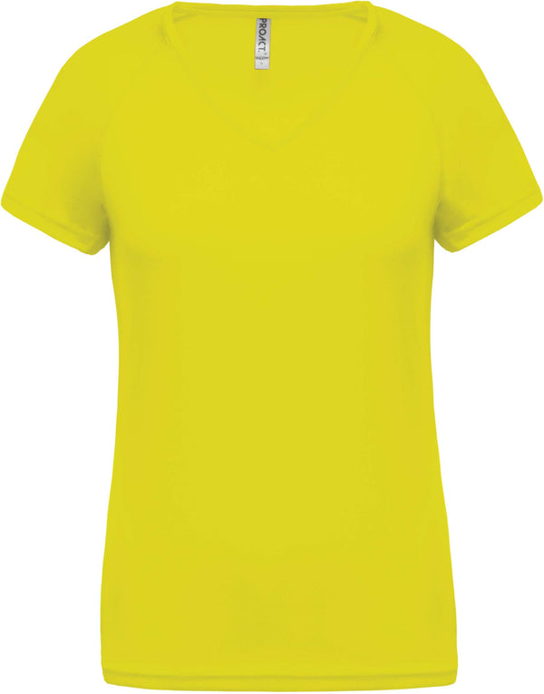 T-shirt de desporto de senhora com decote em V de manga curta-Fluorescent Amarelo-XS-RAG-Tailors-Fardas-e-Uniformes-Vestuario-Pro