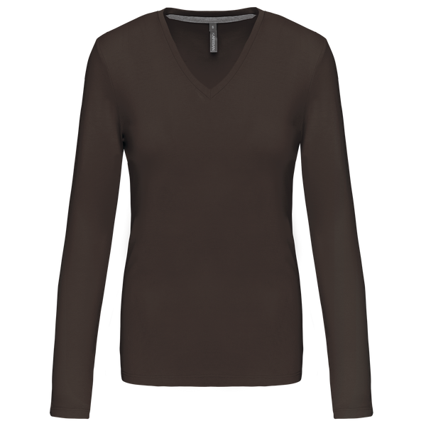 T-shirt de manga comprida decote em V para senhora-Chocolate-S-RAG-Tailors-Fardas-e-Uniformes-Vestuario-Pro