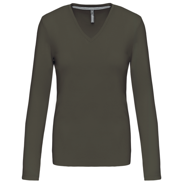 T-shirt de manga comprida decote em V para senhora-Dark Khaki-S-RAG-Tailors-Fardas-e-Uniformes-Vestuario-Pro