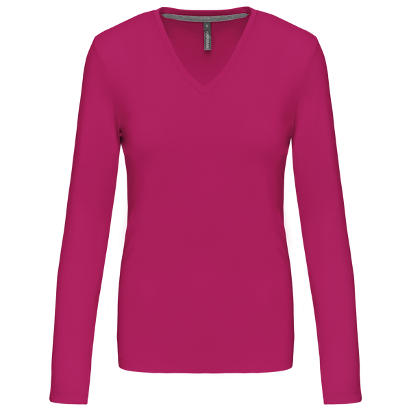 T-shirt de manga comprida decote em V para senhora-Fuchsia-S-RAG-Tailors-Fardas-e-Uniformes-Vestuario-Pro