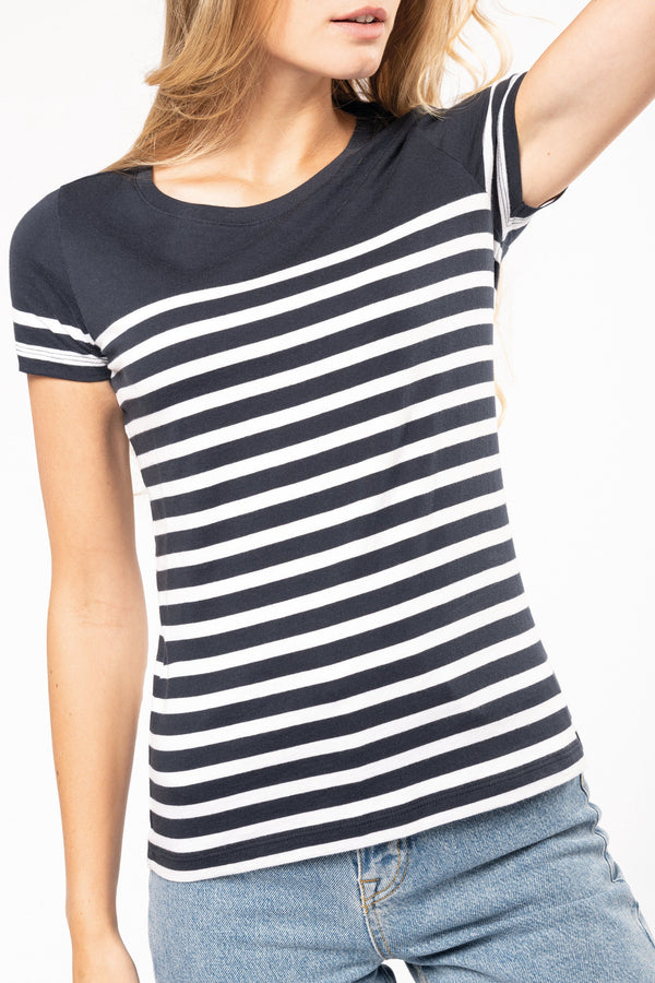 T-shirt estilo marinheiro Bio com decote redondo para senhora-RAG-Tailors-Fardas-e-Uniformes-Vestuario-Pro