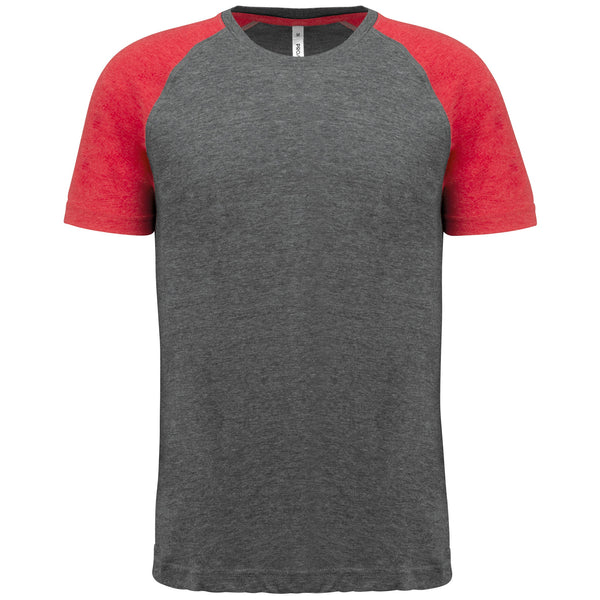 T-shirt triblend bicolor de desporto de adulto-Grey Heather / Sporty Red Heather-XS-RAG-Tailors-Fardas-e-Uniformes-Vestuario-Pro