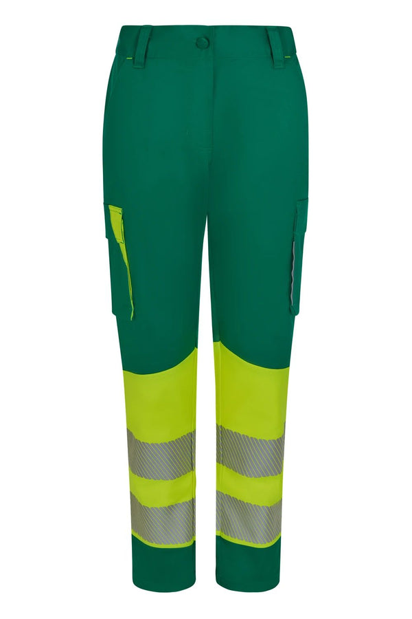 Calças Stretch recicladas bicolor com faixas segmentadas para mulher-Verde/amarelo Fluorescente - 02/20-XS-RAG-Tailors-Fardas-e-Uniformes-Vestuario-Pro