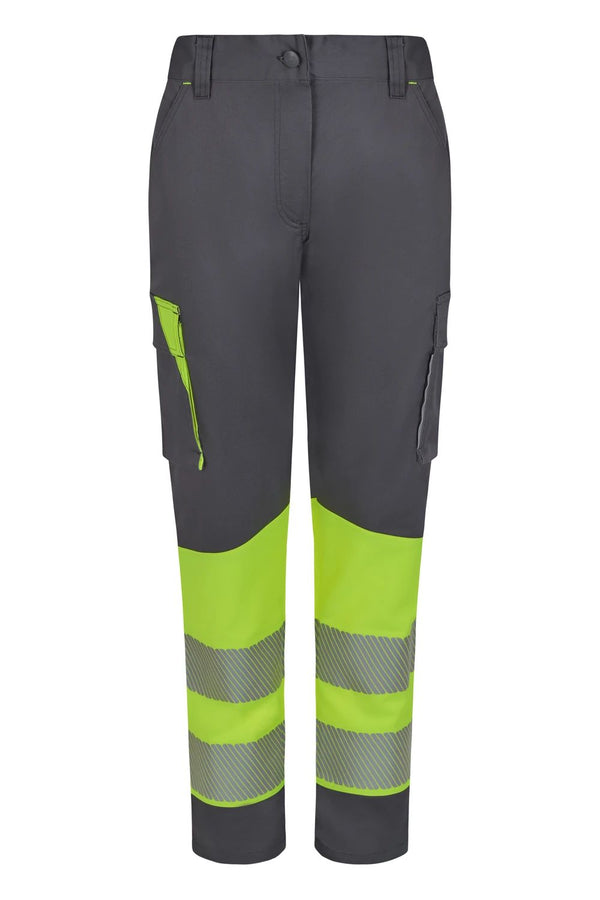 Calças Stretch recicladas bicolor com faixas segmentadas para mulher-Cinza/amarelo Fluorescente - 08/20-XS-RAG-Tailors-Fardas-e-Uniformes-Vestuario-Pro