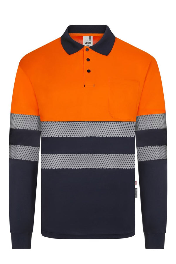 Polo de Trabalho em Poliéster Reciclado Bicolor de Manga Comprida com Fitas Refletoras Segmentadas-Azul Navy/laranja Fluorescente - 61/19-XS-RAG-Tailors-Fardas-e-Uniformes-Vestuario-Pro