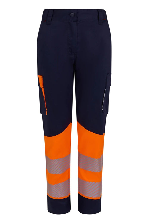 Calças Stretch recicladas bicolor com faixas segmentadas para mulher-Azul Navy/laranja Fluorescente - 61/19-XS-RAG-Tailors-Fardas-e-Uniformes-Vestuario-Pro