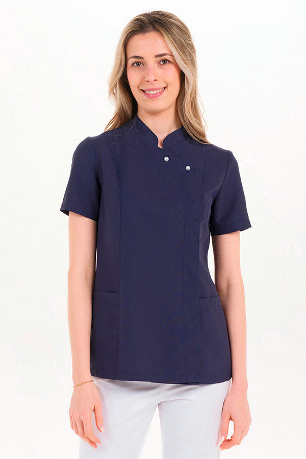 Bata cintada com gola padre e botões pérola-Azul - 583-XS / (SP)-RAG-Tailors-Fardas-e-Uniformes-Vestuario-Pro