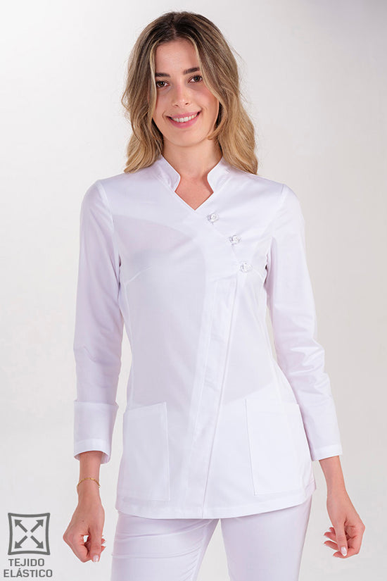 Bata de Senhora Elástica Cruzada com Botões Transparentes-Branco - 500-XS / (SP)-RAG-Tailors-Fardas-e-Uniformes-Vestuario-Pro