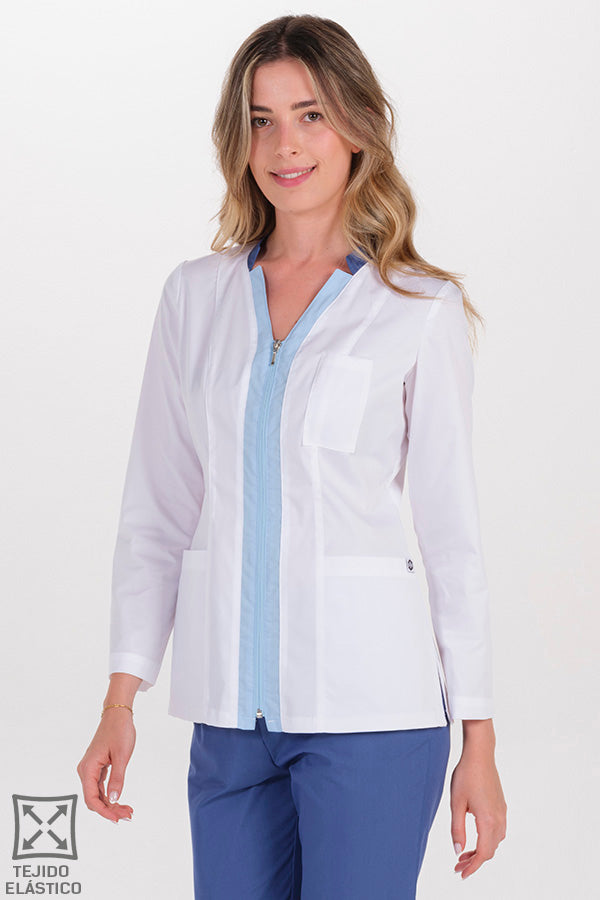 Bata de Trabalho Elástica de Senhora com Fecho e Decote em V-Azul - 907-XS / (SP)-RAG-Tailors-Fardas-e-Uniformes-Vestuario-Pro