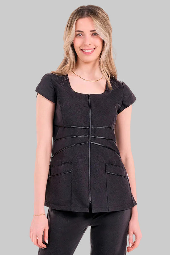 Bata de manga curta preta com fitas de cetim-Preto - 571-M-RAG-Tailors-Fardas-e-Uniformes-Vestuario-Pro