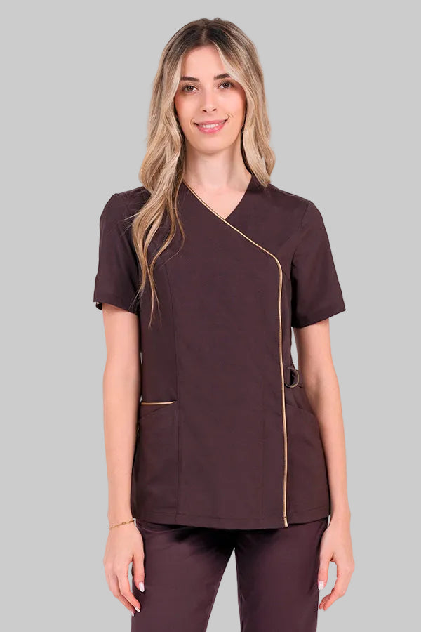 Bata elástica para estética e spa, cor marrom com fivela-Marrom - 778-M-RAG-Tailors-Fardas-e-Uniformes-Vestuario-Pro