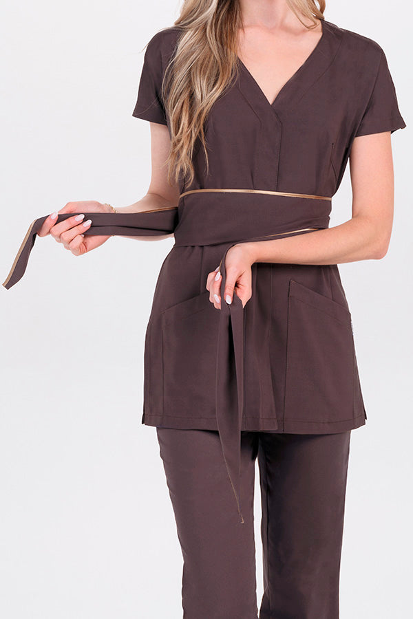 Bata estilo quimono elástica cor de chocolate com cinto-RAG-Tailors-Fardas-e-Uniformes-Vestuario-Pro