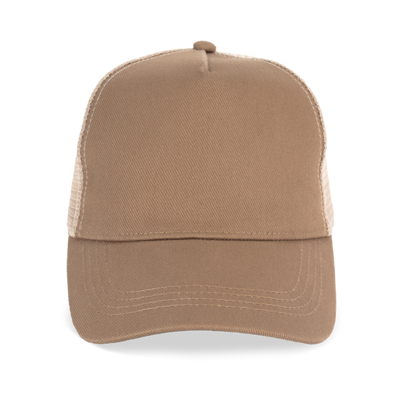 Boné Trucker Eco-Responsável 5 Painéis Unissexo-Camel Escuro / Bege-Único-RAG-Tailors-Fardas-e-Uniformes-Vestuario-Pro