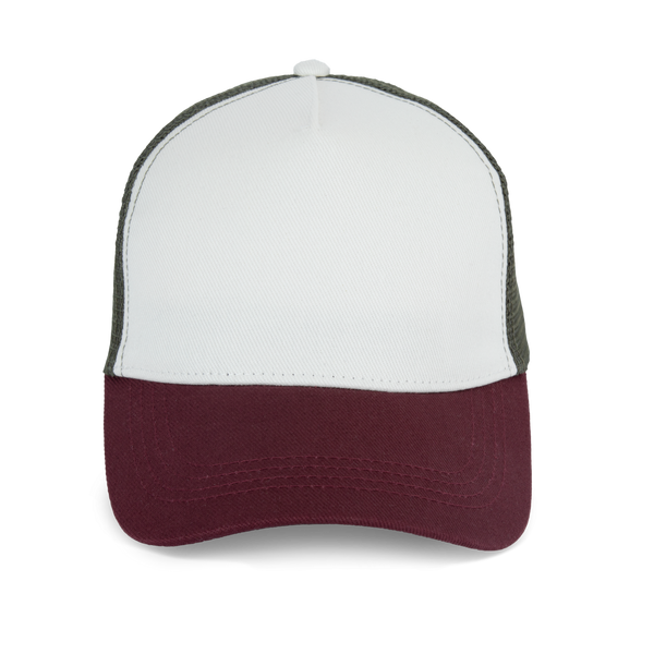 Boné Trucker Eco-Responsável 5 Painéis Unissexo-Marfim / Cereja Escuro / Caqui Orgânico-Único-RAG-Tailors-Fardas-e-Uniformes-Vestuario-Pro