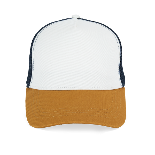 Boné Trucker Eco-Responsável 5 Painéis Unissexo-Marfim / Curcuma / Azul Marinho-Único-RAG-Tailors-Fardas-e-Uniformes-Vestuario-Pro