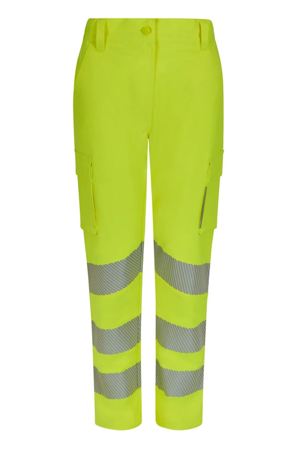 Calças stretch recicladas de alta visibilidade com faixas segmentadas para mulher-Amarelo Fluorescente - 20-XS-RAG-Tailors-Fardas-e-Uniformes-Vestuario-Pro