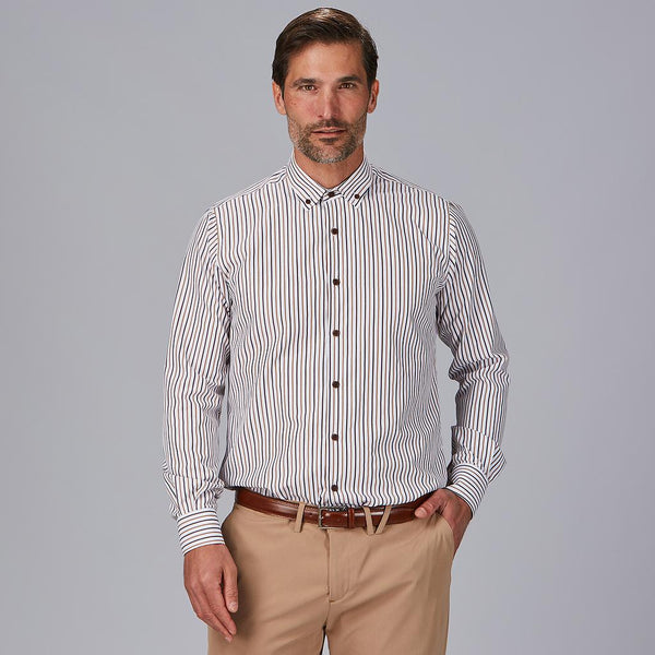 Camisa Alessandro de Homem de Riscas Bicolores Slim Fit-Riscas Camel/castanho - 1141-XS/36-RAG-Tailors-Fardas-e-Uniformes-Vestuario-Pro