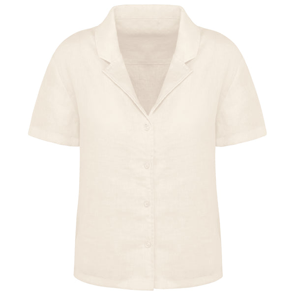Camisa de Manga Curta em Linho com Colarinho à Bowling para Senhora-Ivory-XS-RAG-Tailors-Fardas-e-Uniformes-Vestuario-Pro