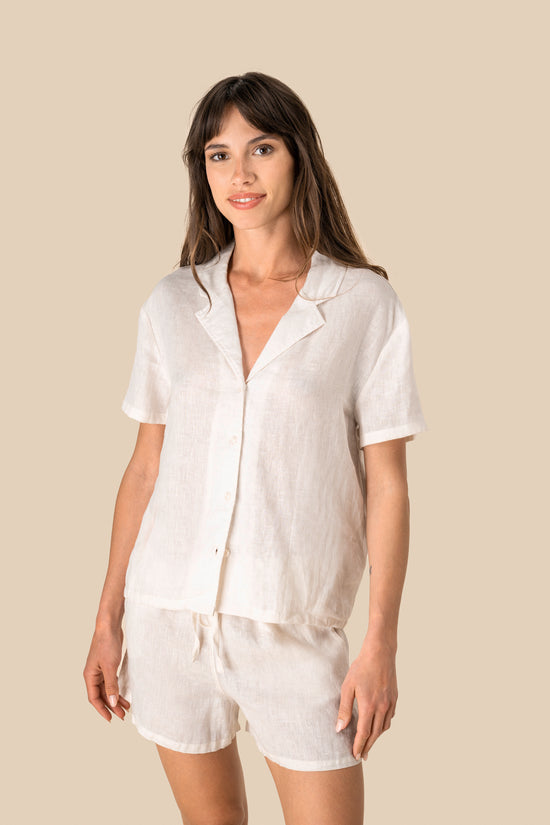 Camisa de Manga Curta em Linho com Colarinho à Bowling para Senhora-RAG-Tailors-Fardas-e-Uniformes-Vestuario-Pro