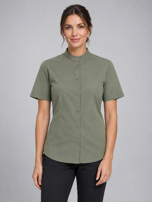 Camisa de Mulher Gola Padre Stretch Manga Curta-Verde Oliva Claro - 35-XS-RAG-Tailors-Fardas-e-Uniformes-Vestuario-Pro
