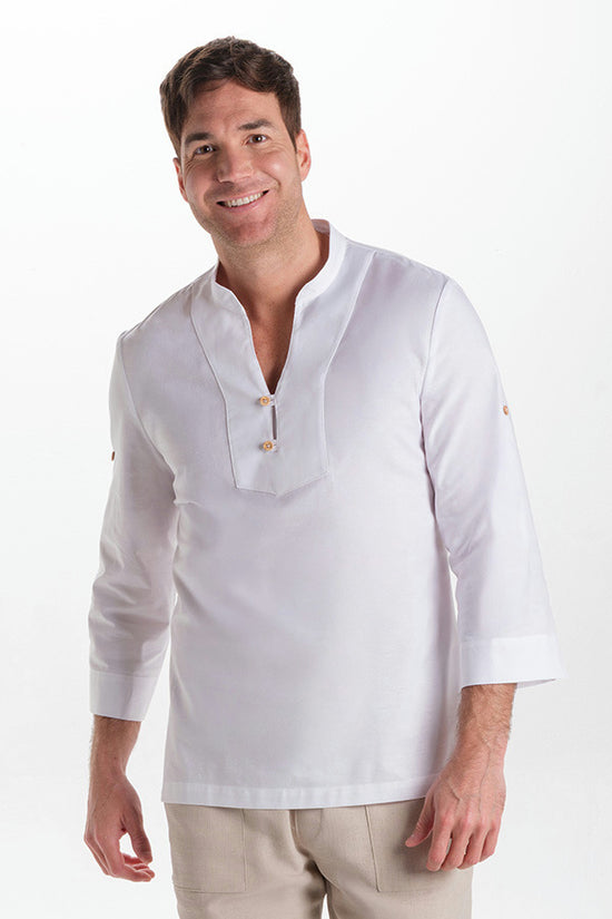 Camisa unissexo estilo ibicenco com botões de madeira-Branco - 823-XS / (SP)-RAG-Tailors-Fardas-e-Uniformes-Vestuario-Pro
