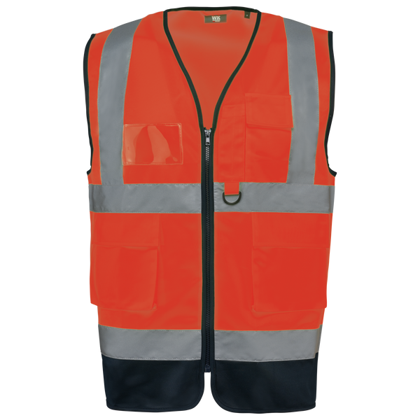 Colete de Alta Visibilidade Reciclado com Fecho Unissexo-Laranja Hi Viz / Azul Marinho-XS-RAG-Tailors-Fardas-e-Uniformes-Vestuario-Pro