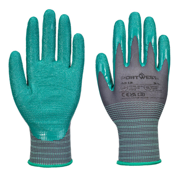 Luva de nitrilo com pontos Grip 15 (Pk12)-Cinzento/Verde-S-RAG-Tailors-Fardas-e-Uniformes-Vestuario-Pro